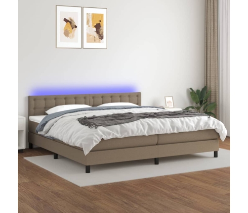 Cama box spring colchón y luces LED tela gris taupe 200x200 cm