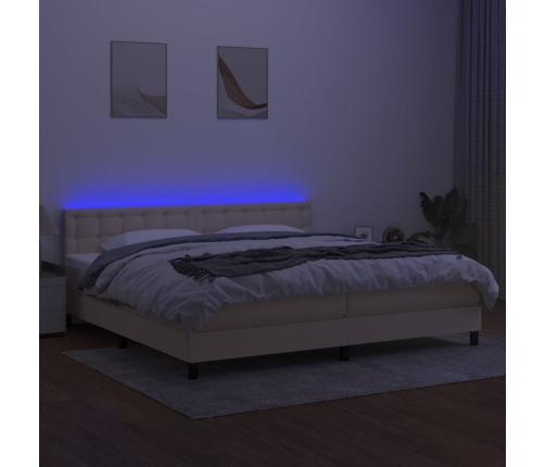 Cama box spring colchón y luces LED tela crema 200x200 cm