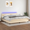 Cama box spring colchón y luces LED tela crema 200x200 cm