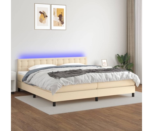 Cama box spring colchón y luces LED tela crema 200x200 cm