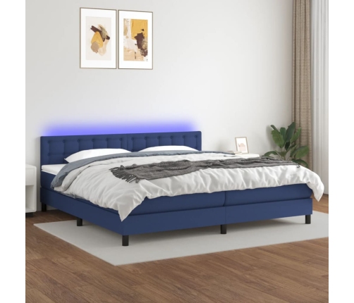 Cama box spring colchón y luces LED tela azul 200x200 cm