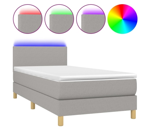 Cama box spring colchón y luces LED tela gris claro 90x190 cm