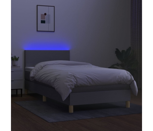 Cama box spring colchón y luces LED tela gris claro 90x190 cm