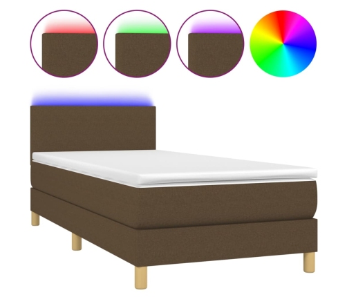 Cama box spring colchón y luces LED tela marrón oscuro 90x190cm