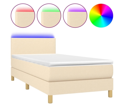 Cama box spring colchón y luces LED tela color crema 90x190 cm