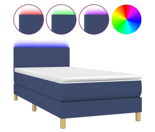 Cama box spring colchón y luces LED tela azul 90x190 cm