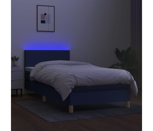 Cama box spring colchón y luces LED tela azul 90x190 cm