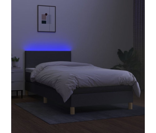 Cama box spring colchón y luces LED tela gris oscuro 90x200 cm