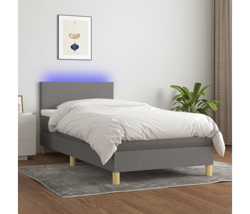 Cama box spring colchón y luces LED tela gris oscuro 90x200 cm