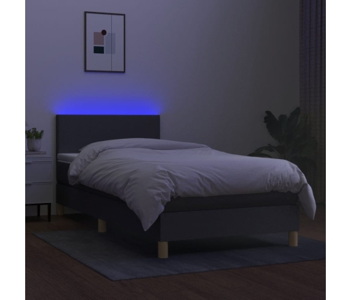 Cama box spring colchón y luces LED tela gris oscuro 100x200 cm