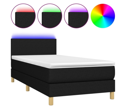 Cama box spring colchón y luces LED tela negro 100x200 cm