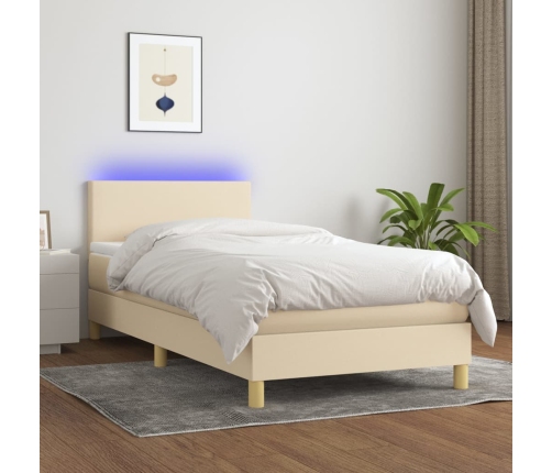 Cama box spring colchón y luces LED tela crema 100x200 cm