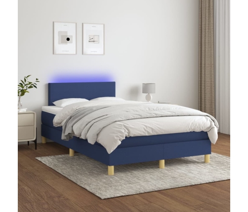 Cama box spring con colchón y LED tela azul 120x200 cm