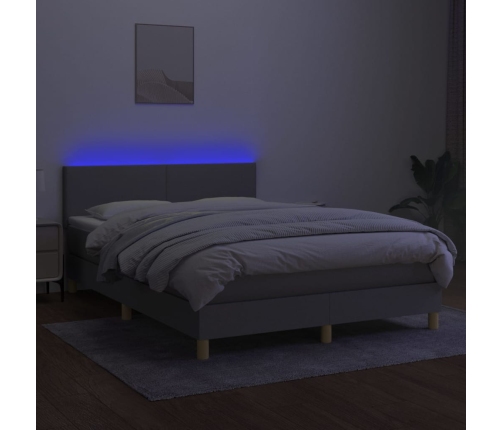 Cama box spring colchón y luces LED tela gris claro 140x190 cm