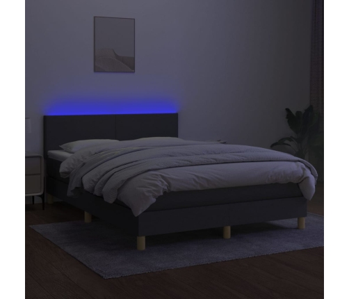 Cama box spring colchón y luces LED tela gris oscuro 140x190 cm