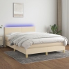 Cama box spring colchón y luces LED tela crema 140x190 cm