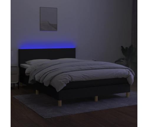 Cama box spring colchón y luces LED tela negro 140x200 cm