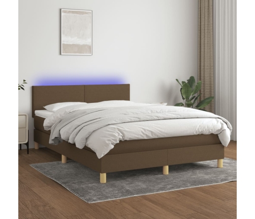 Cama box spring con colchón LED tela marrón oscuro 140x200 cm