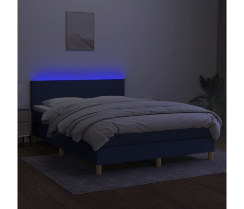 Cama box spring con colchón y LED tela azul 140x200 cm