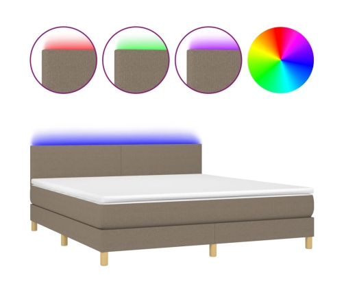 Cama box spring con colchón LED tela gris taupe 160x200 cm