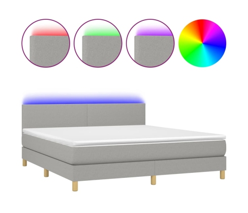 Cama box spring con colchón tela y LED gris claro 180x200 cm