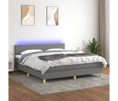 Cama box spring con colchón y LED tela gris oscuro 180x200 cm