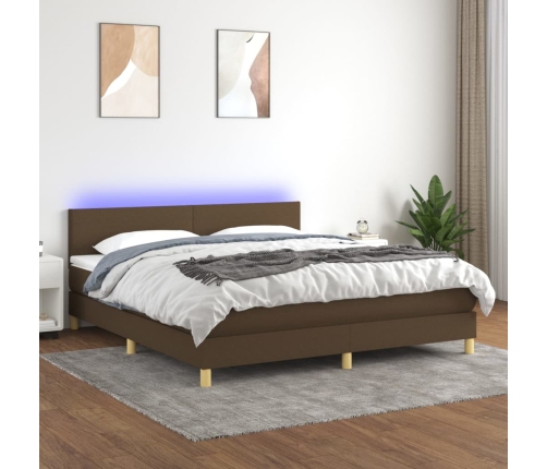 Cama box spring con colchón LED tela marrón oscuro 180x200 cm