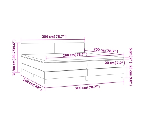 Cama box spring con colchón tela y LED gris claro 200x200 cm