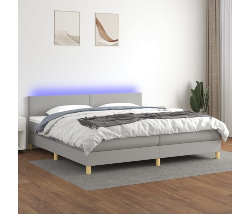 Cama box spring con colchón tela y LED gris claro 200x200 cm