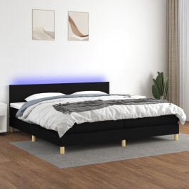Cama box spring con colchón LED tela negro 200x200 cm