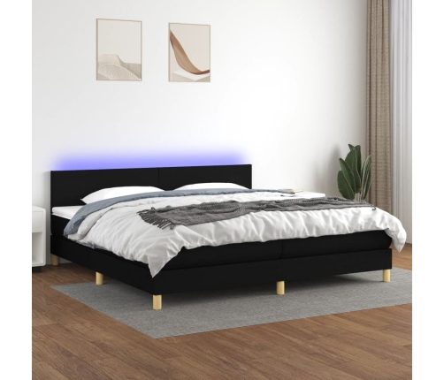 Cama box spring con colchón LED tela negro 200x200 cm