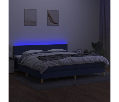 Cama box spring con colchón y LED tela azul 200x200 cm