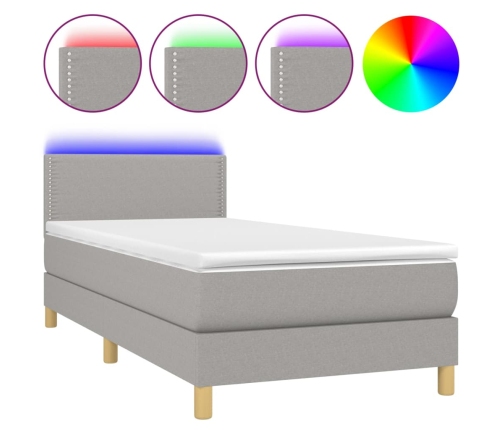 Cama box spring con colchón tela y LED gris claro 80x200 cm