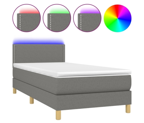 Cama box spring con colchón y LED tela gris oscuro 90x190 cm