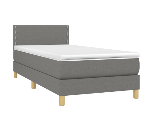 Cama box spring con colchón y LED tela gris oscuro 90x190 cm