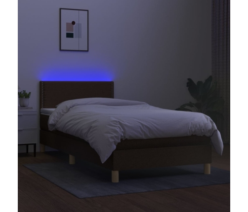 Cama box spring con colchón LED tela marrón oscuro 90x190 cm