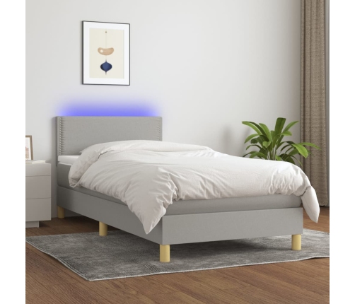 Cama box spring colchón y luces LED tela gris claro 90x200 cm