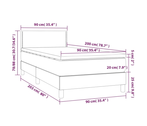 Cama box spring con colchón LED tela marrón oscuro 90x200 cm