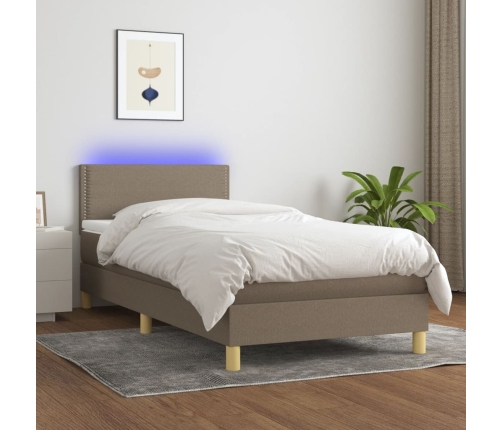 Cama box spring con colchón LED tela gris taupe 90x200 cm