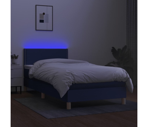 Cama box spring con colchón y LED tela azul 100x200 cm