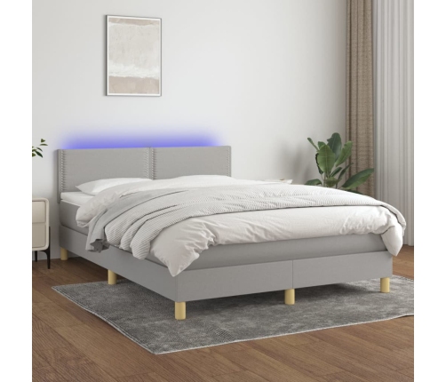 Cama box spring colchón y luces LED tela gris claro 140x200 cm