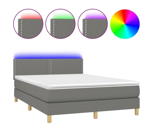 Cama box spring colchón y luces LED tela gris oscuro 140x200 cm