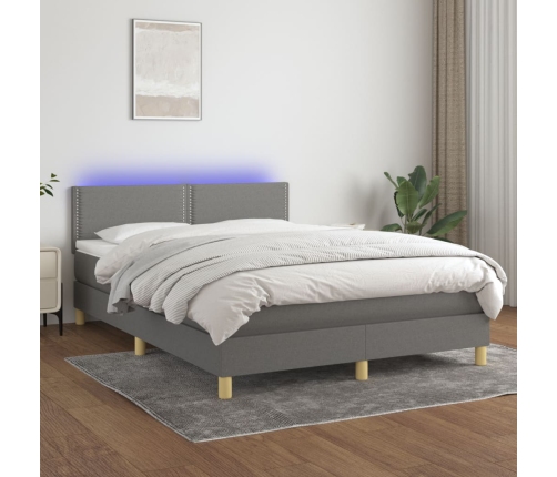 Cama box spring colchón y luces LED tela gris oscuro 140x200 cm