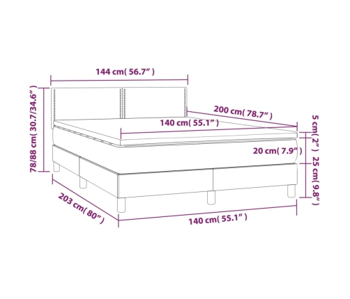 Cama box spring con colchón LED tela marrón oscuro 140x200 cm