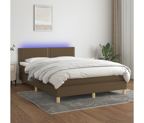 Cama box spring con colchón LED tela marrón oscuro 140x200 cm