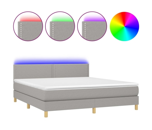 Cama box spring con colchón tela y LED gris claro 160x200 cm