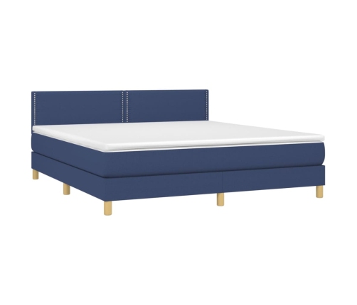 Cama box spring con colchón y LED tela azul 160x200 cm