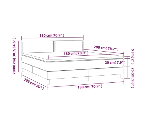 Cama box spring con colchón tela y LED gris claro 180x200 cm