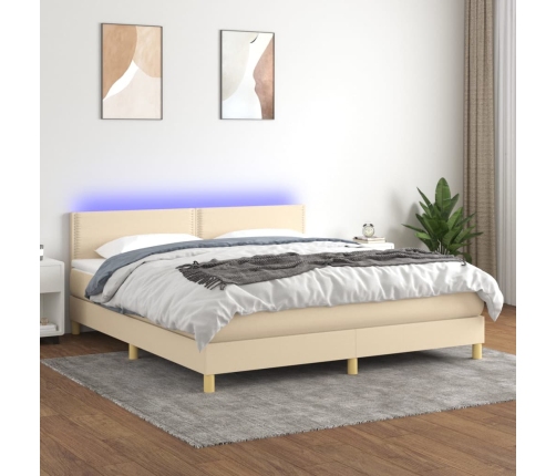 Cama box spring con colchón y LED tela crema 180x200 cm