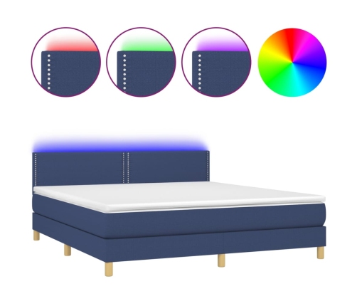 Cama box spring con colchón y LED tela azul 180x200 cm